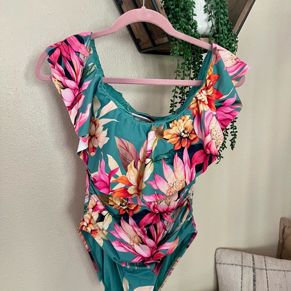 La Blanca Teal Floral One-Piece Swimsuit with Ruffle Shoulders